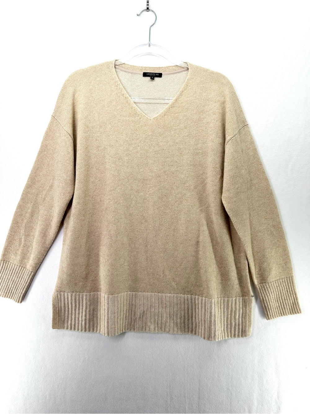 Lafayette 148 100% Cashmere V-Neck Sweater Size M Tan
